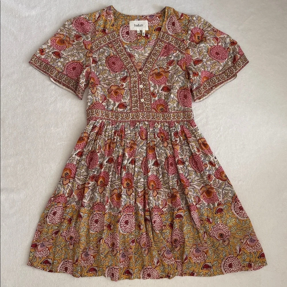 ba&sh | Valia Mixed Floral Print Short Sleeve Boho Mini Dress 1E22VALI Ocre (XS) - Picture 16 of 16